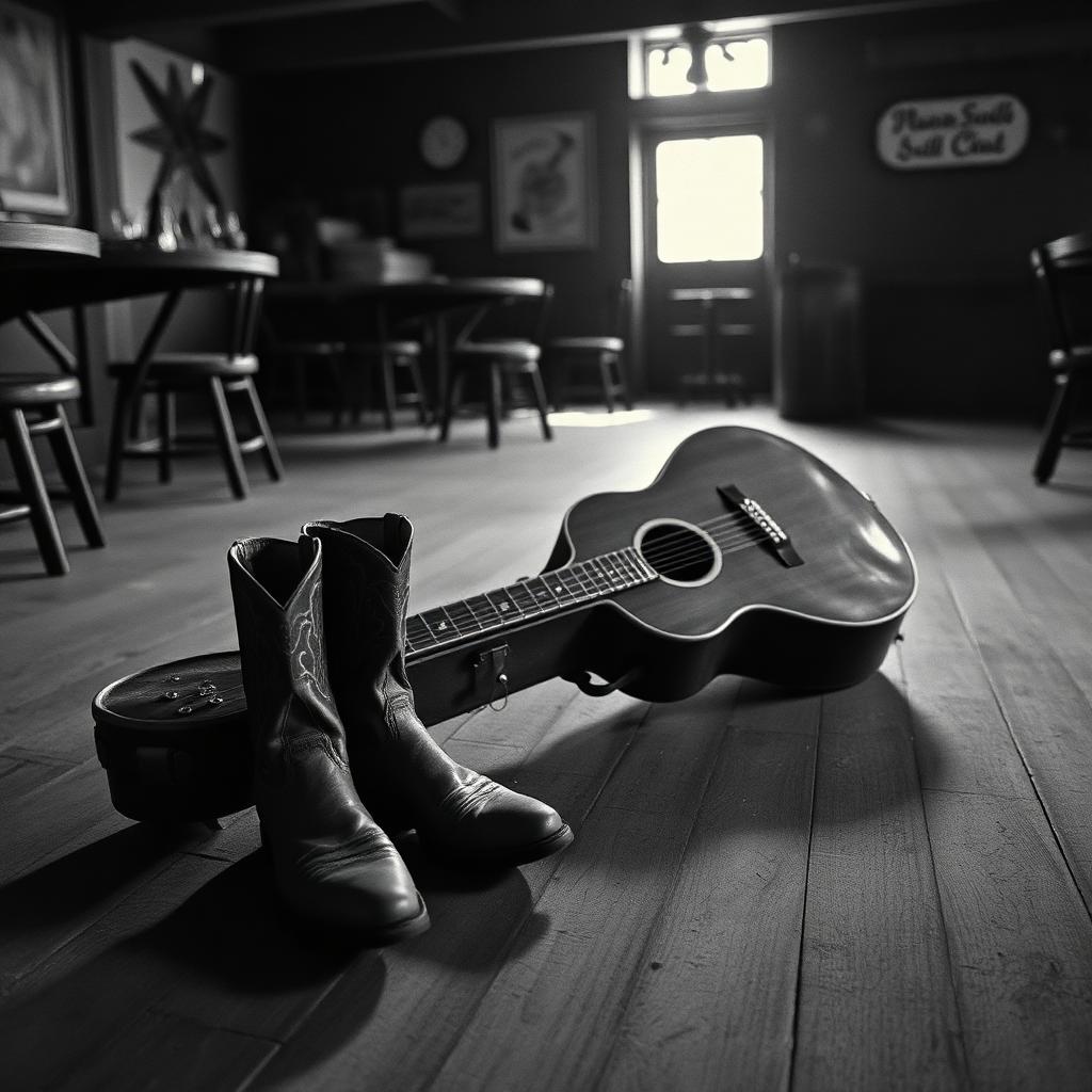 Cowboy boots and an acoustic guitar on a wooden saloon floor